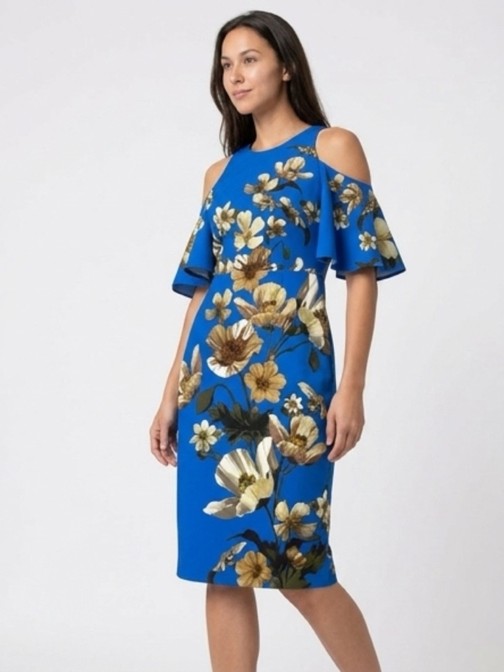 Floral Cold-Shoulder Sheath Dress in Royal Blue